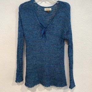 Sonoma Life Style Open Weave Sweater Slate Blue Tied V-Neck Long Sleeve Sz Large
